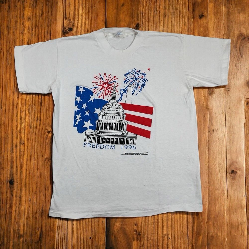 Vintage 1996 Freedom USA Single Stitch White Tee 4th Of‎ July Off Center Graphic